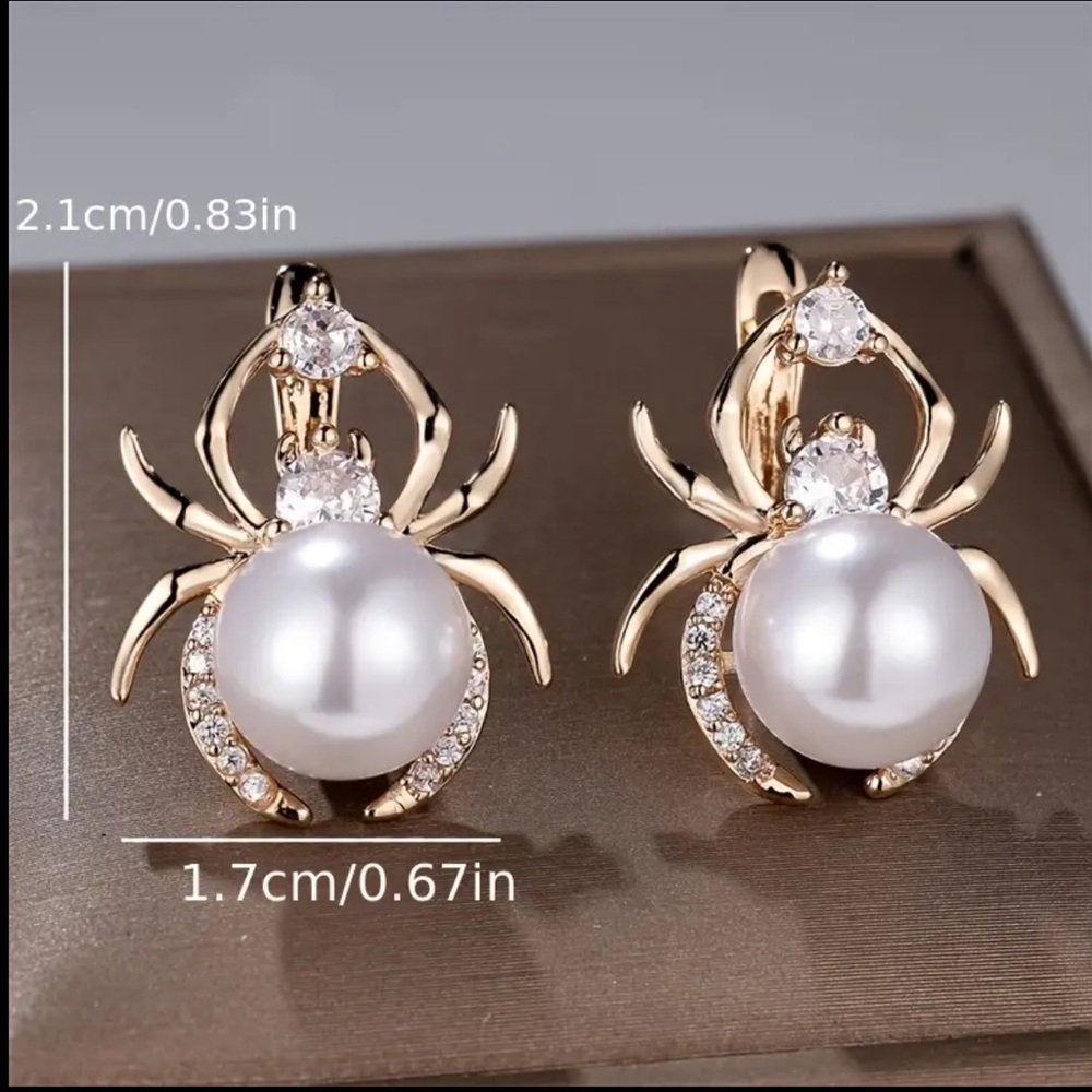 Elegant Gold and White Pearl Spider Earrings - Picture 4 of 4